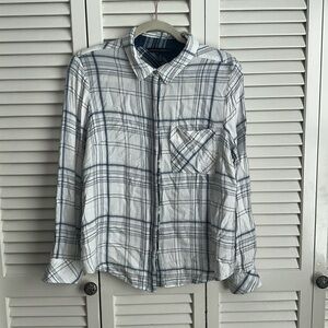 White House Black Market Top Button Down Shirt Women 14 Blue Plaid Flannel Shirt